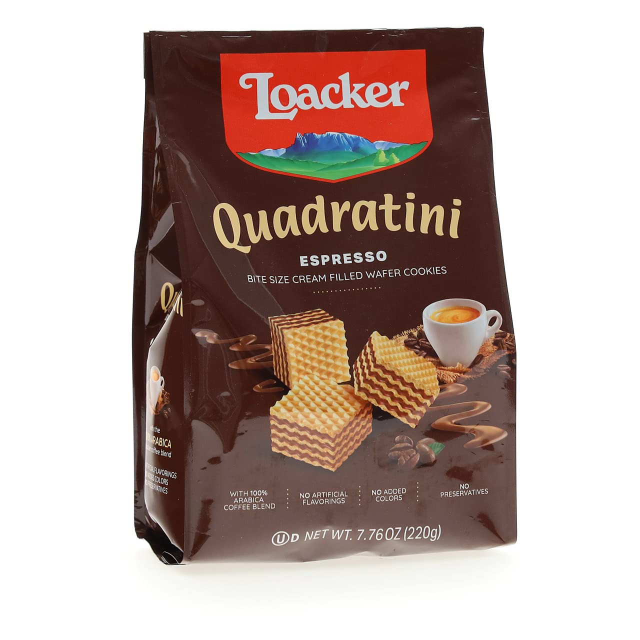 Loacker Quadratini Espresso bite-size Wafer Cookies| LARGE Pack of 1 | Crispy Wafers with 4 creamy layers of finest Espresso cream filling | great for snacks & desserts – No artificial flavorings, added colors or preservatives | 7.76 oz