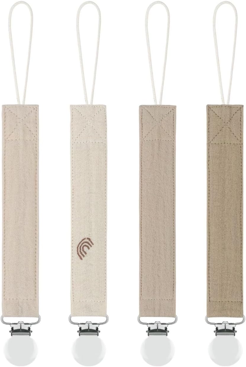 MoodyBaby® Soft Organic Muslin Cotton Fabric Dummy Clips - Handmade Pacifier Clip Chain for Babies Newborns Girls Boys - Mam Soother Chain Neutral Unisex Boho Shower Gift - 4 Pack (Tan Beige)