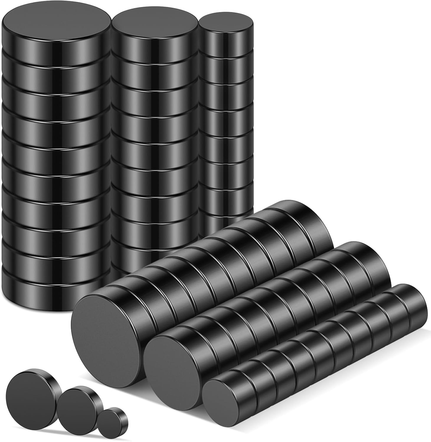 Wukong Black Magnets Set in 3 Sizes, 60 Pieces 5mm/8mm/10mm x 3mm Thick Strong Fridge Magnets for Magnetic Board, Pin Board, Whiteboard, Refrigerator Home Office