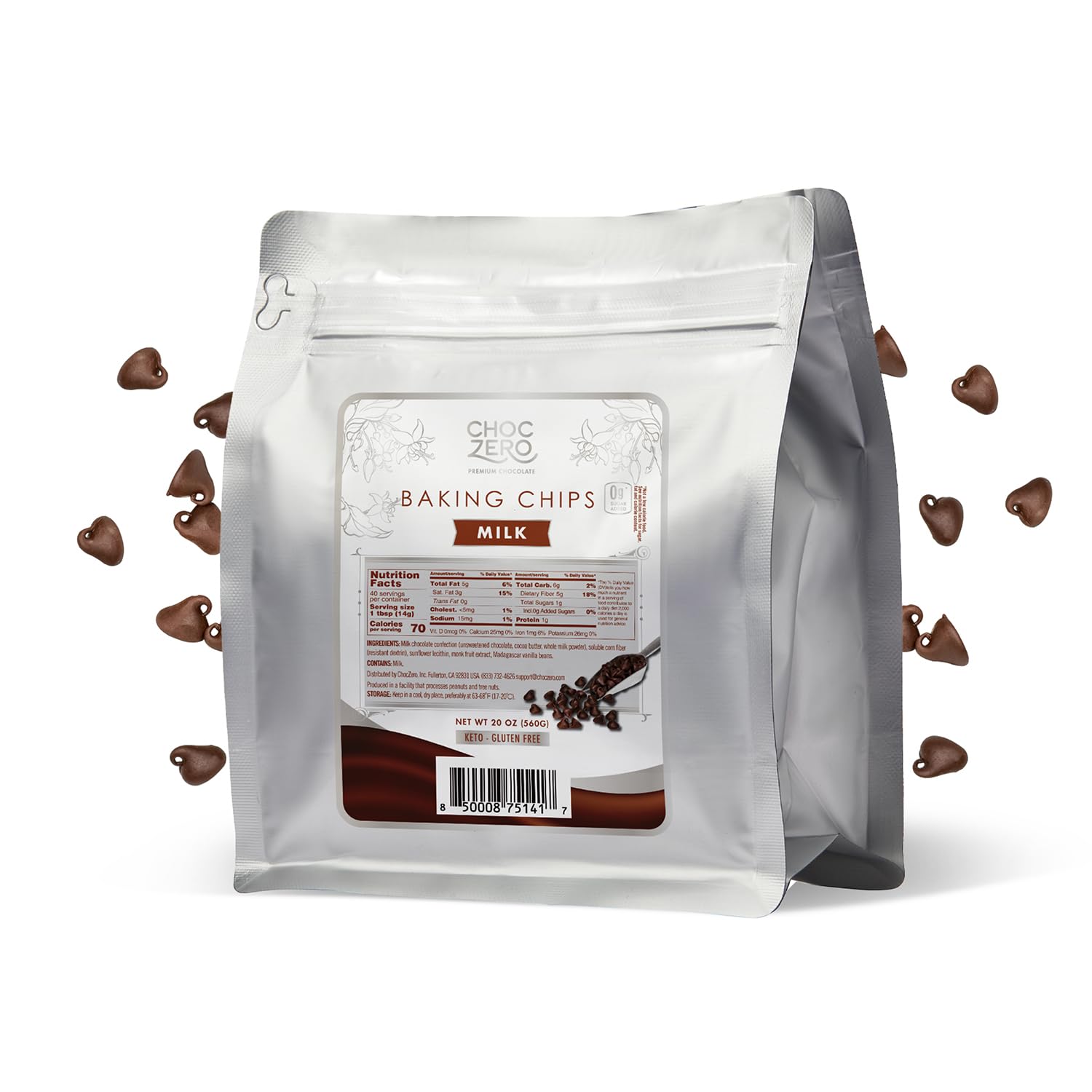 ChocZero Milk Chocolate Chips - No Sugar Added, Low Carb, Keto Friendly, Gluten Free - 20 Ounce Bulk Bag for Baking Keto Diet Cookies and Dessert