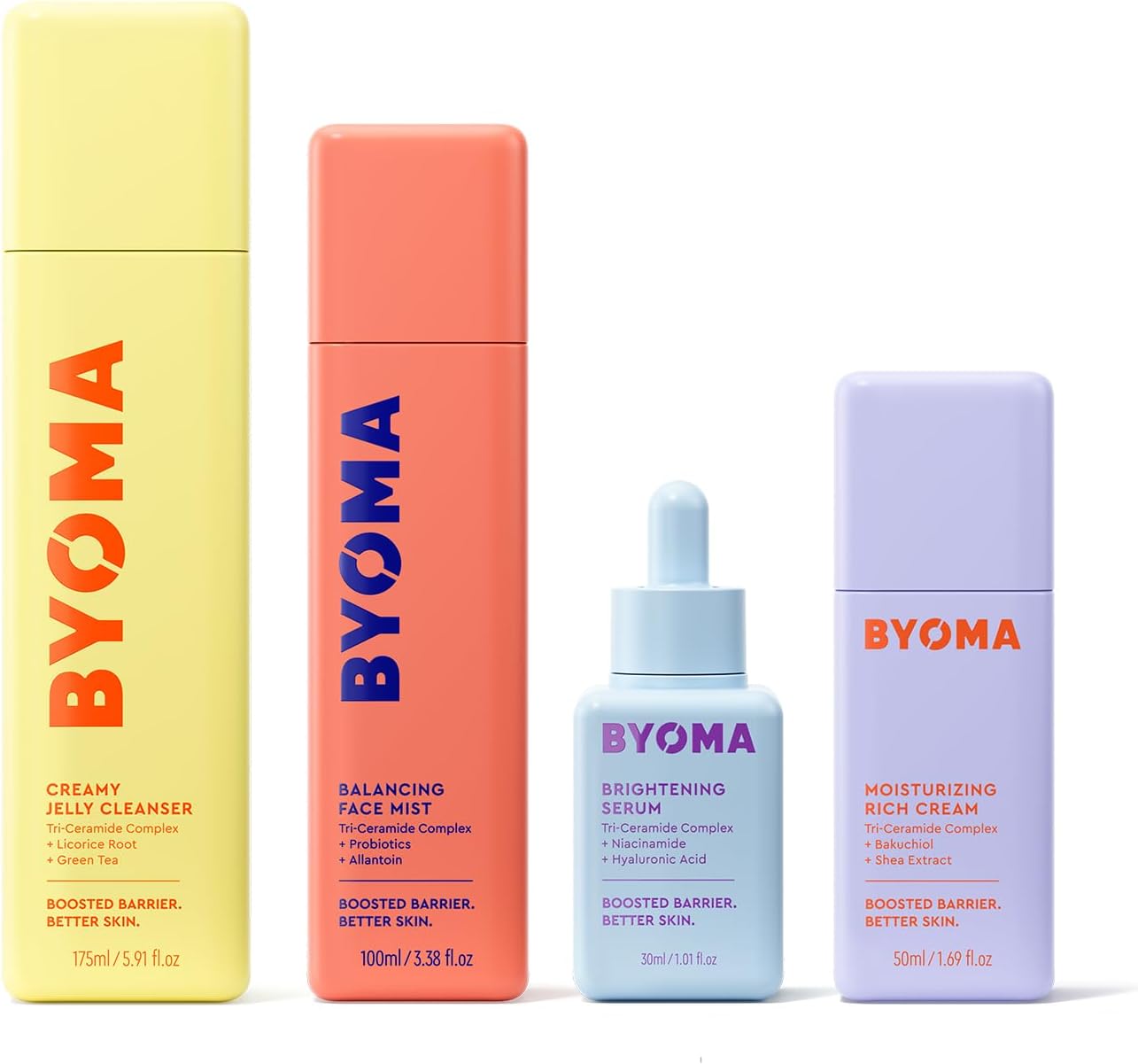BYOMA Full Routine Bundle - Creamy Jelly Cleanser (175ml), Balancing Hydrating Face Mist (100ml), Brightening Serum (30ml) + Moisturizing Rich Cream (50ml)