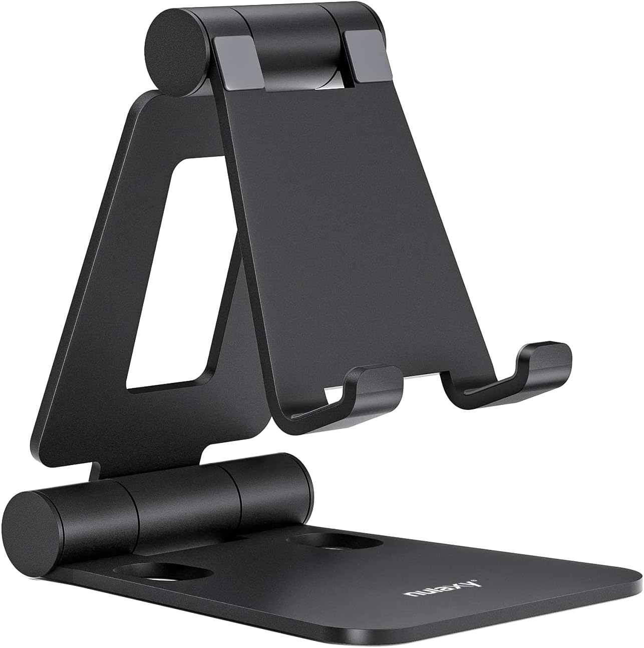 NULAXY Phone Stand, Fully Foldable Angle Height Adjustable Mobile Phone Holder Cradle Dock Aluminum Desk Compatible with iPhone 16 15 14 13 12 11 Pro Max XR X 8, HUAWEI, Galaxy, All Phones - Black