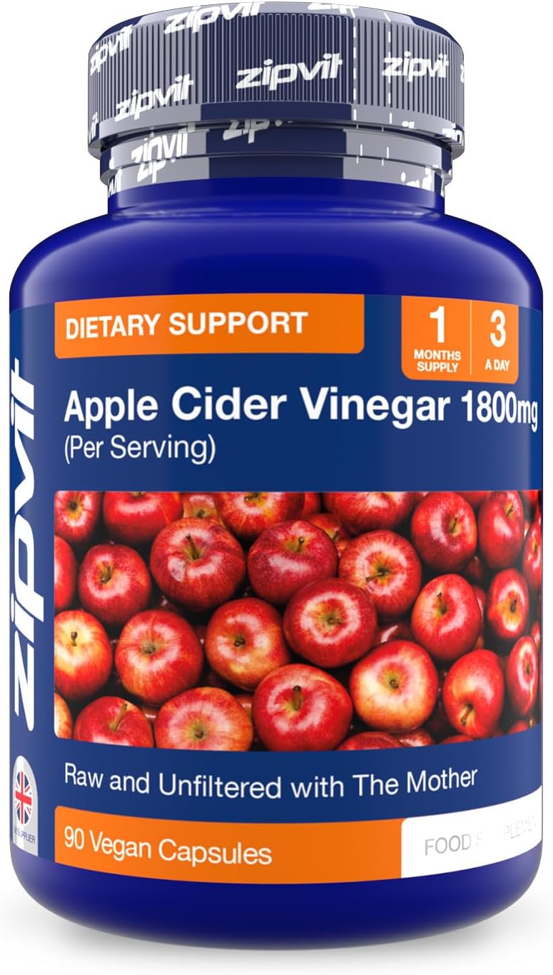 Zipvit Apple Cider Vinegar with Mother 1800mg, 90 Vegan Capsules, Raw & Unfiltered ACV, High Strength, No Aftertaste