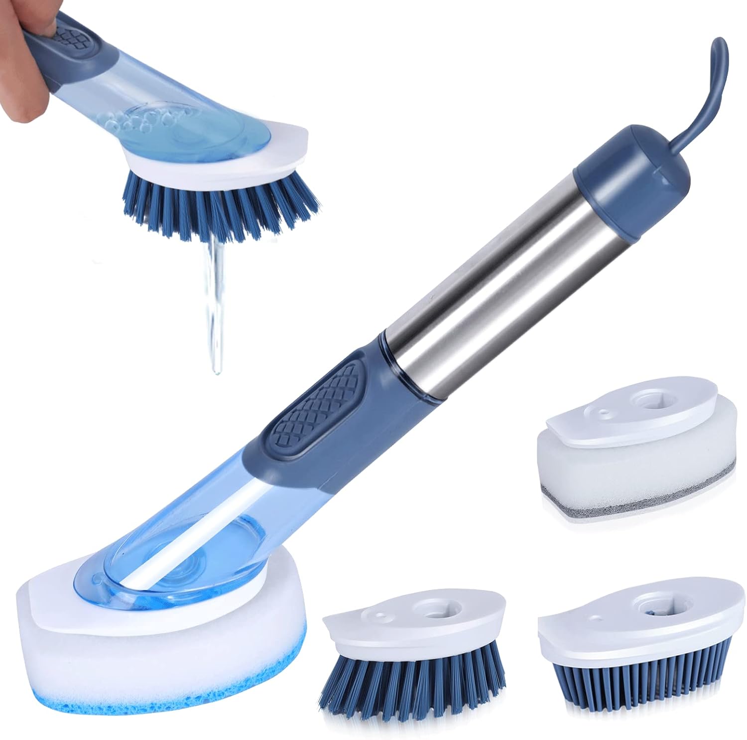 MASTERTOP Soap Dispensing Dish Brush, 4 in 1 Dish Scrubber Brush with Soap Dispenser, Washing Up Brushes for Kithen Pot Pan Sink Cleaning, Send 4 Brush Heads