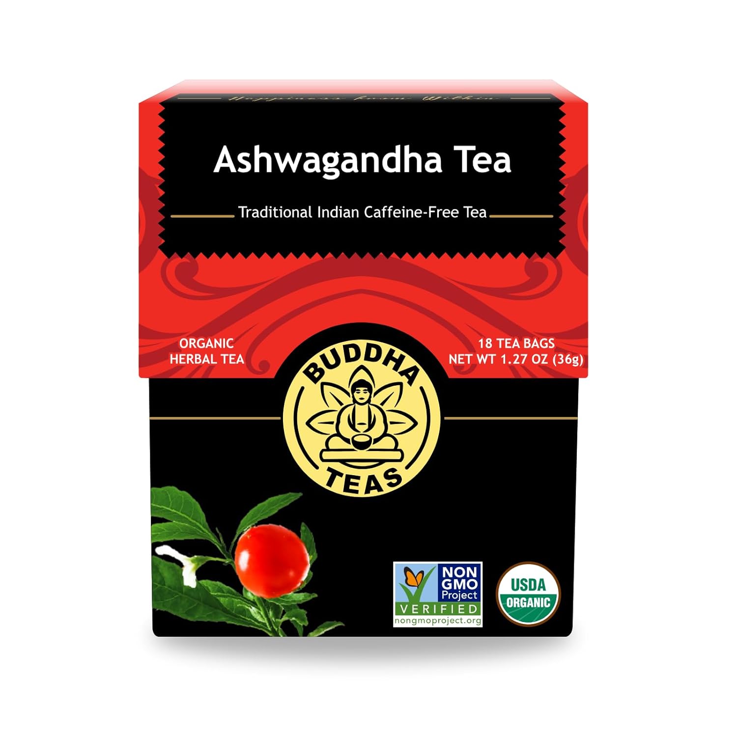 Buddha Teas - Ashwagandha Root Tea - Herbal Tea - Promote Cleansing & Wellness - With Antioxidants & Minerals - Clean Ingredients - Caffeine Free - OU Kosher - 18 Tea Bags (Pack of 1)