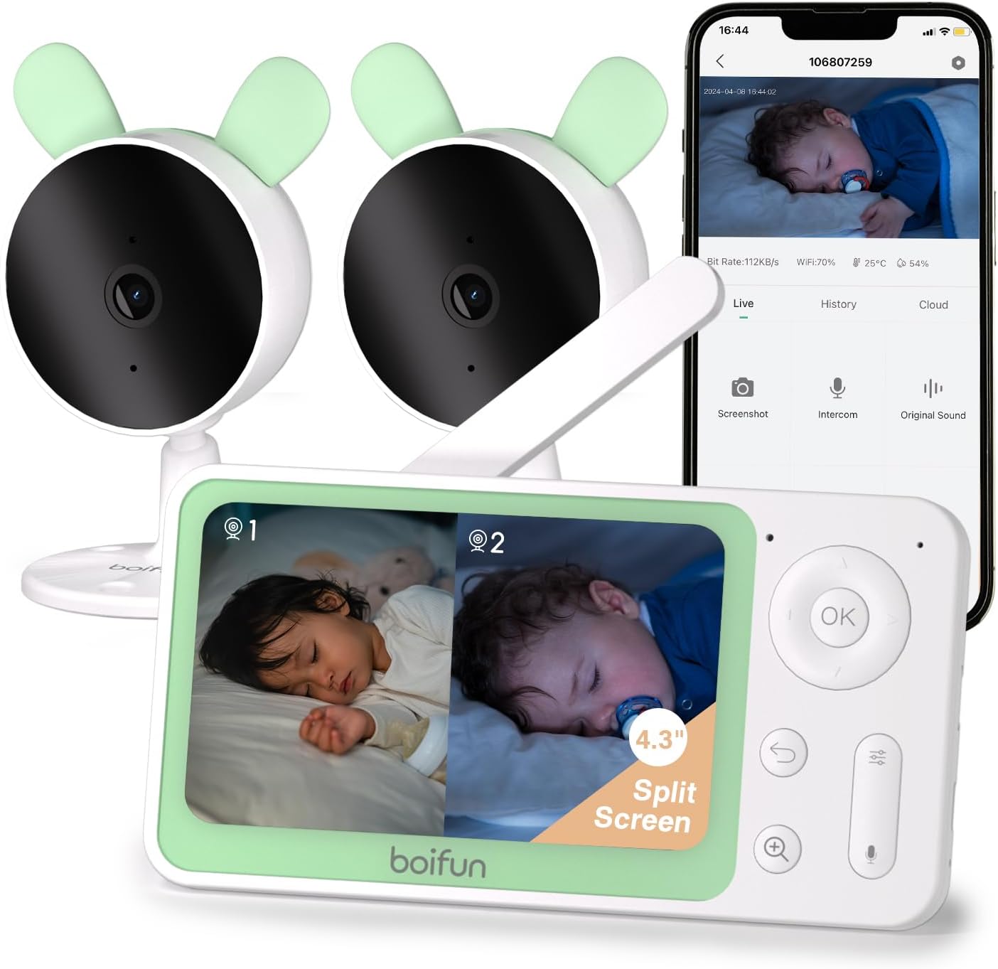BOIFUN Split Screen Video Baby Monitor WiFi, 2 Cameras, Smartphone APP Control & LCD Monitor, AI Motion & Sound Detection, 4.3'' 4X Zoom, 1080P Smart (Monitor para Bebe), Area Alarm, Video Recording