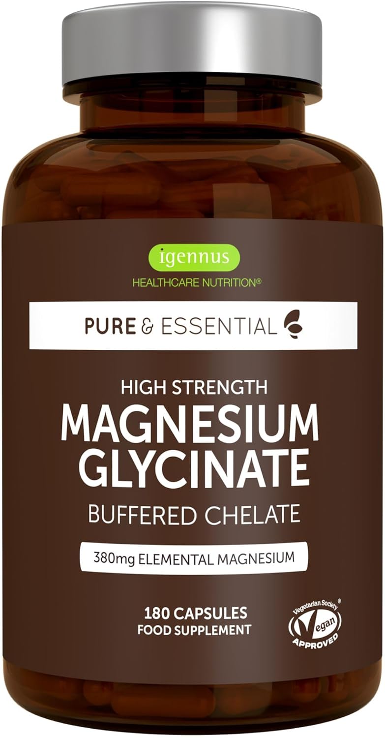 Igennus Pure & Clean Chelated Magnesium Glycinate, High Strength Elemental 380mg, 90 Servings, 1300mg Buffered Magnesium Bisglycinate, Vegan, 180 Capsules