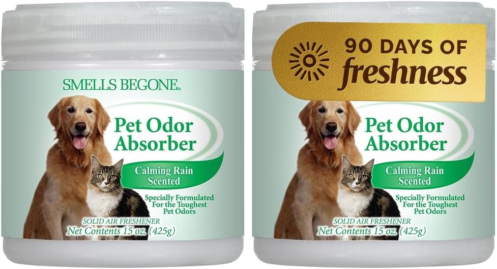 SMELLS BEGONE 15oz Gel Pet Odor Eliminator - Absorb & Remove Strong Odors from Pets, Cat Litter, Dog Poop, Urine Smells - Eliminate Whole Home Odors with Essential Oils (Calming Rain, 2-Pack)