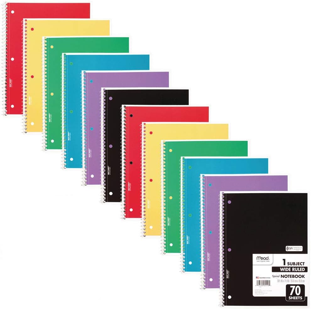 Mead Spiral Notebook, 12 Pack, 1 Subject, Wide Ruled Paper, 7-1/2" x 10-1/2", 70 Sheets per Notebook, Colors Will Vary (930202-ECM25)