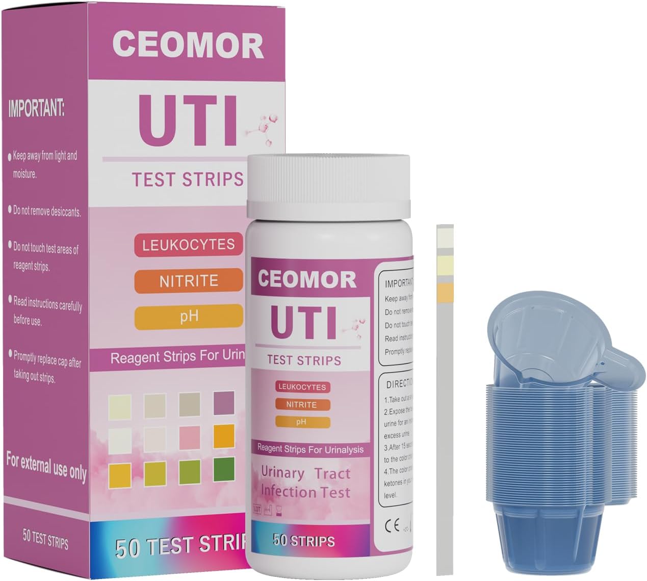 UTI Test Strips for Women: 50ct 3-in-1 Urinary Tract Infection & Bladder Health Testing Kit Treatments Test Strips for Easy at-Home Urinalysis, Testing Kit for Urinalysis 50 Strips + 50 Cups