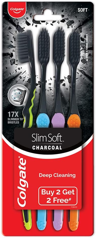 Colgate Slimsoft Charcoal Manual Toothbrush For Adult (Buy 2, Get 2 Free) - 4 Pcs, 17X Slimmer Tip Bristles, Tooth Brush Combo Pack