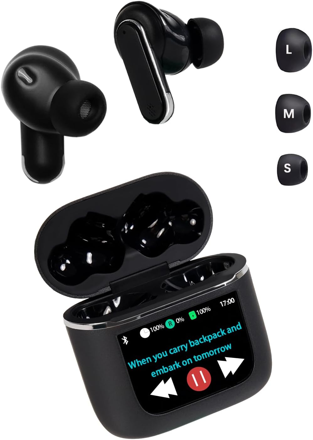 Wireless Bluetooth Headset, Charging case with Touch Function, Color Screen Control Super Smart Noise Cancellation, IPX56 Waterproof, for iOS/Android, Business, Sports