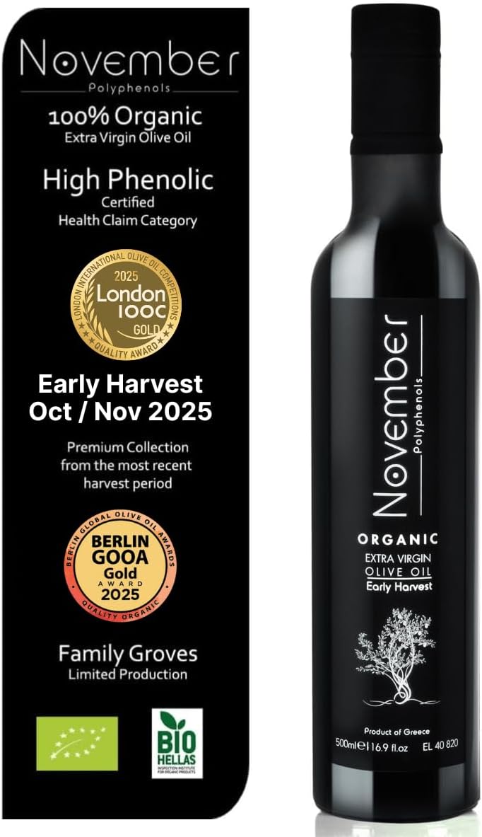November Polyphenols Olive Oil Extra Virgin - Organic High Phenolic EVOO – Early Harvest – Lab Certified +1200mg/kg High Polyphenol – Cold Pressed Extra Virgin – Greek – 500ml Bottle