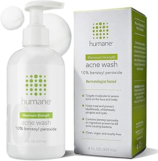 humane Benzoyl Peroxide Acne Body Wash - 10% Maximum-Strength Acne Treatment for Face, Skin, Butt, Back and Body - 8 Fl Oz - Dermatologist-Tested Non-Foaming Cleanser - Vegan, Cruelty-Free