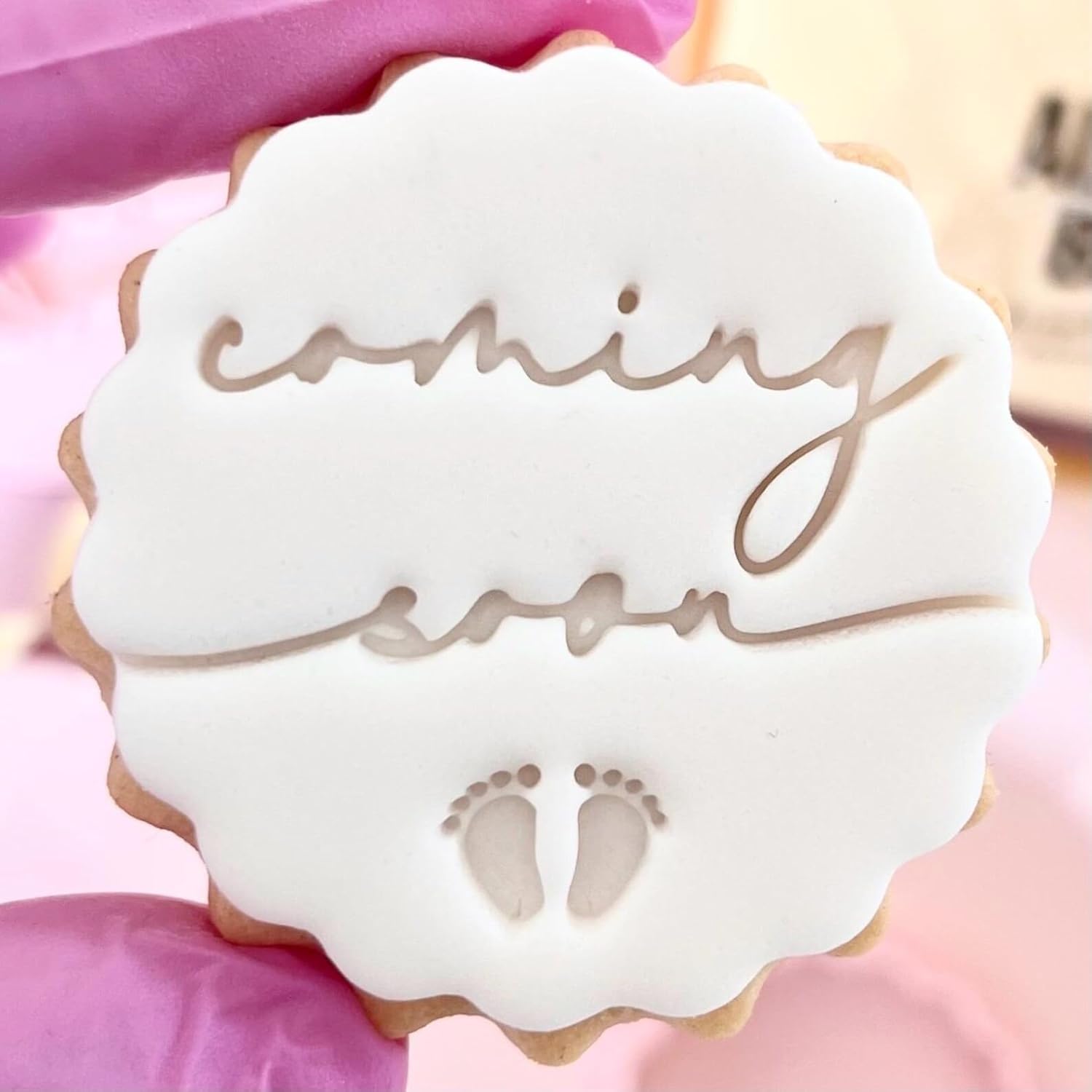 Baby Shower Fondant Stamp Embosser Biscuits Cookies fits m&s Biscuits Coming Soon Baby feet Girl or boy Birth announcment Gender Reveal Party Decoration Marks and Spencers Free Matching Cutter