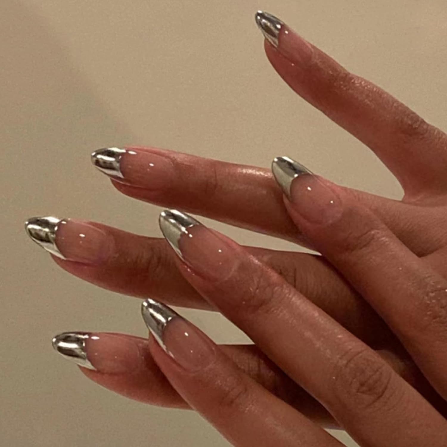 Silver French Tip Press on Nails Almond Medium Nude Pink Acrylic False Nails with Elegant Design Reusable Glossy Full Cover Removable Glue on Nails for Women Girls Daily Wear 24Pcs