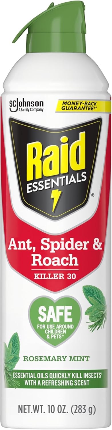 Raid Essentials Ant, Spider & Roach Killer Aerosol Spray, Child & Pet Safe, Kills Insects Quickly, for Indoor Use, Rosemary Mint Scent, 10 fl oz