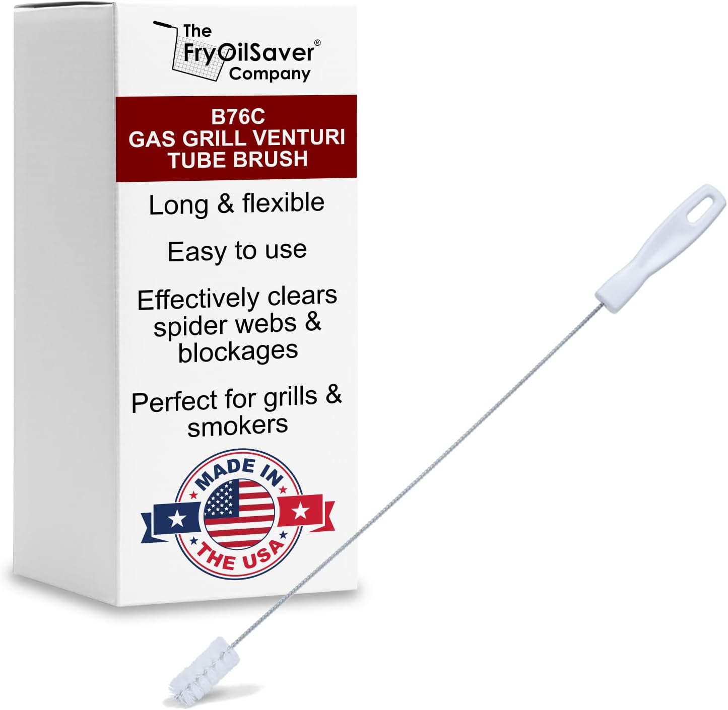 Gas Grill Venturi Tube Brush, Cleans Spider Webs, Grease, Debris, Food Build Up, Prevents Flare Ups, Long & Flexible Blockage Unclogger Cleaning Brush for Gas Grill Burner Pipe by FryOilSaver Co. B76C