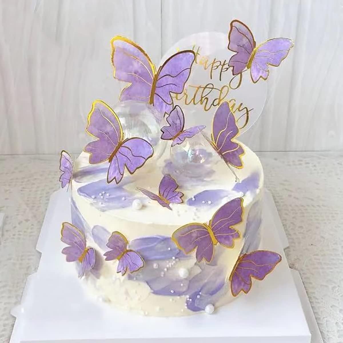 NC Purple Butterfly Cake Toppers, 11pcs (10 Purple Butterflies + 1 Gold Metal Frame Happy Birthday Cake Topper), Non-Edible, Perfect for Birthday, Wedding, Engagement Occasions