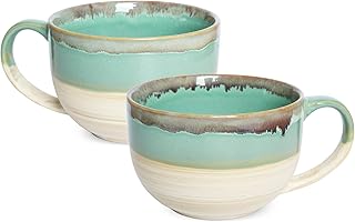 Bosmarlin Ceramic Jumbo Coffee Mug Set of 2, 23 Oz, Large Mug Soup Bowls with Handles, Dishwasher and Microwave Safe (Green)