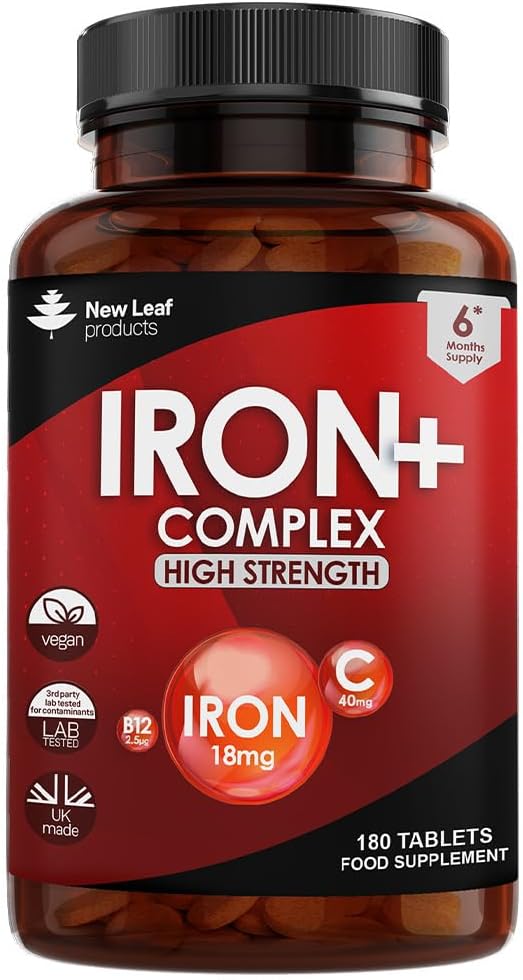 Gentle Iron Tablets Complex -Enriched with B12 & Vitamin C - Iron Supplements for Woman and Men - Ferrous Fumarate Energy Tablets Reduction in Tiredness and Fatigue (6 Months Supply) High Strength