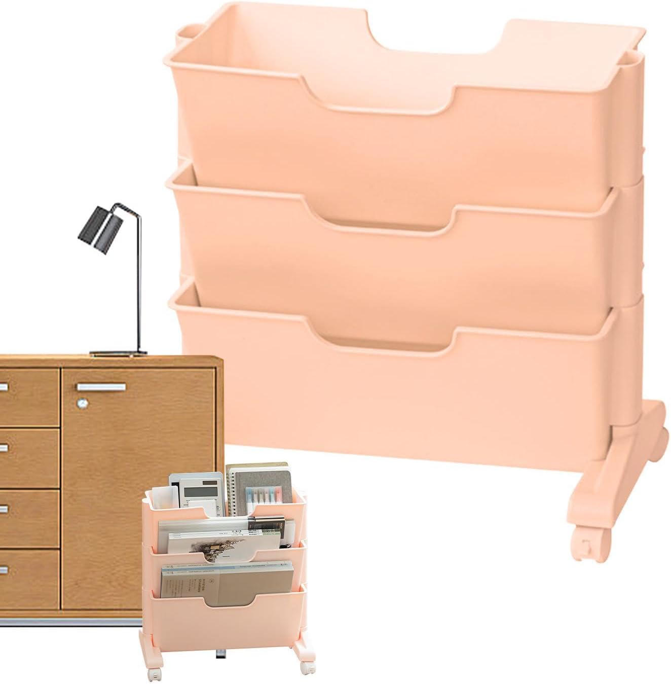 Demsyeq Rolling Book Cart With Wheels | 3-Tiers Rolling Bookshelf Cart Under Desk - Rolling File Organizer Cart For Document Snack Textbook