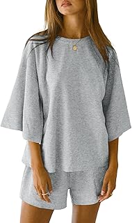 Tankaneo Womens 2 Piece Outfits 3/4 Sleeve Oversized Tops and Elastic Waist Shorts Lounge Sets Loungewear