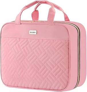 Large Toiletry Bag for Women with Hanging Hook, Portable Travel Makeup Cosmetic Organizer for Accessories, Shampoo, Full Sized Container, Toiletries (Large, Pink)