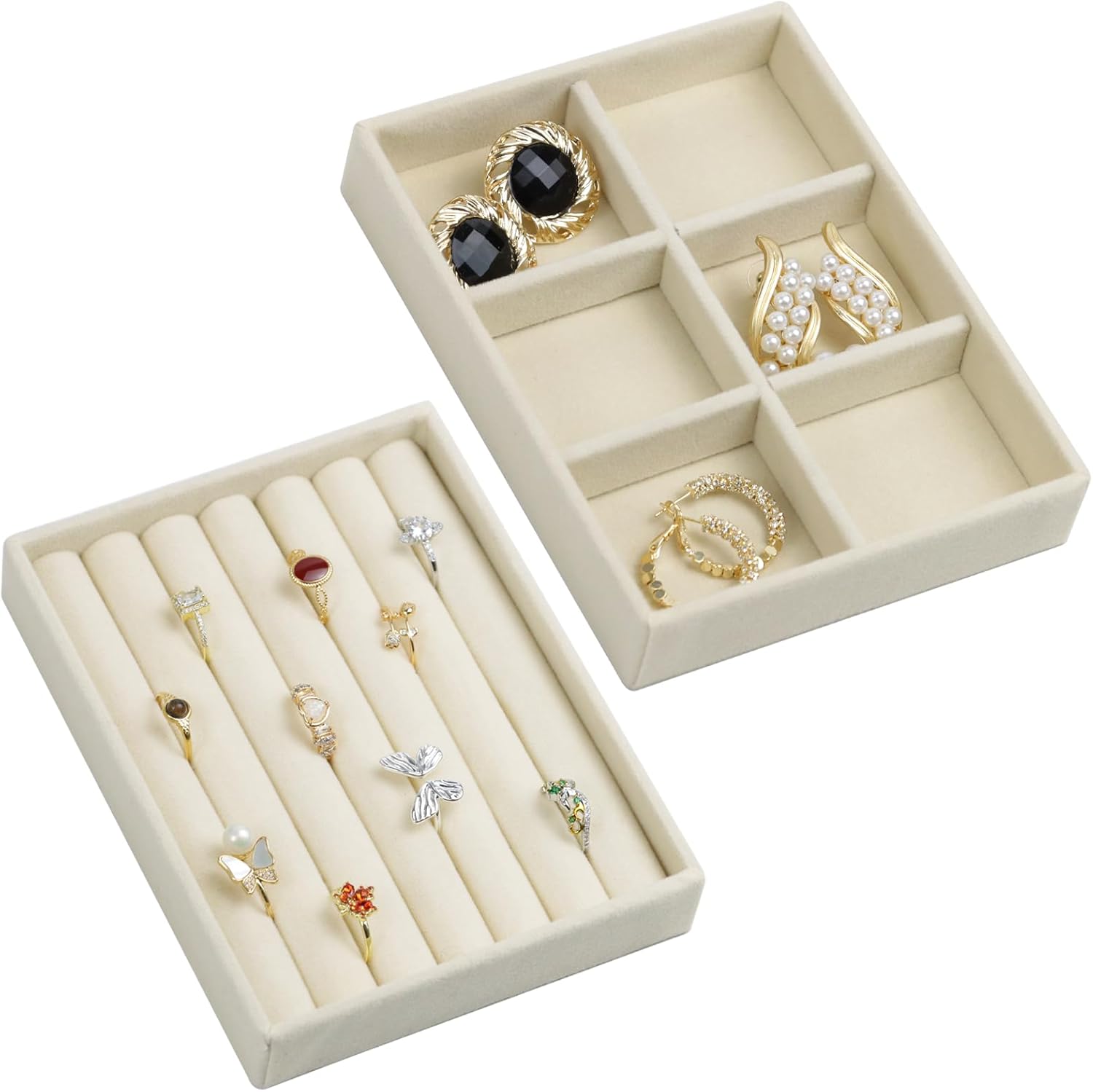 Velvet Jewelry Organizer Box, Jewelry Drawer Organizers Trays, Earring Ring Necklace Holder Display Case (Beige, Ring+6 Grid Trays)