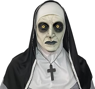Scary Nun Latex Mask with Cross Necklace and Nun Headpiece, Full Head Halloween Mask, Nun Costume Accessories.