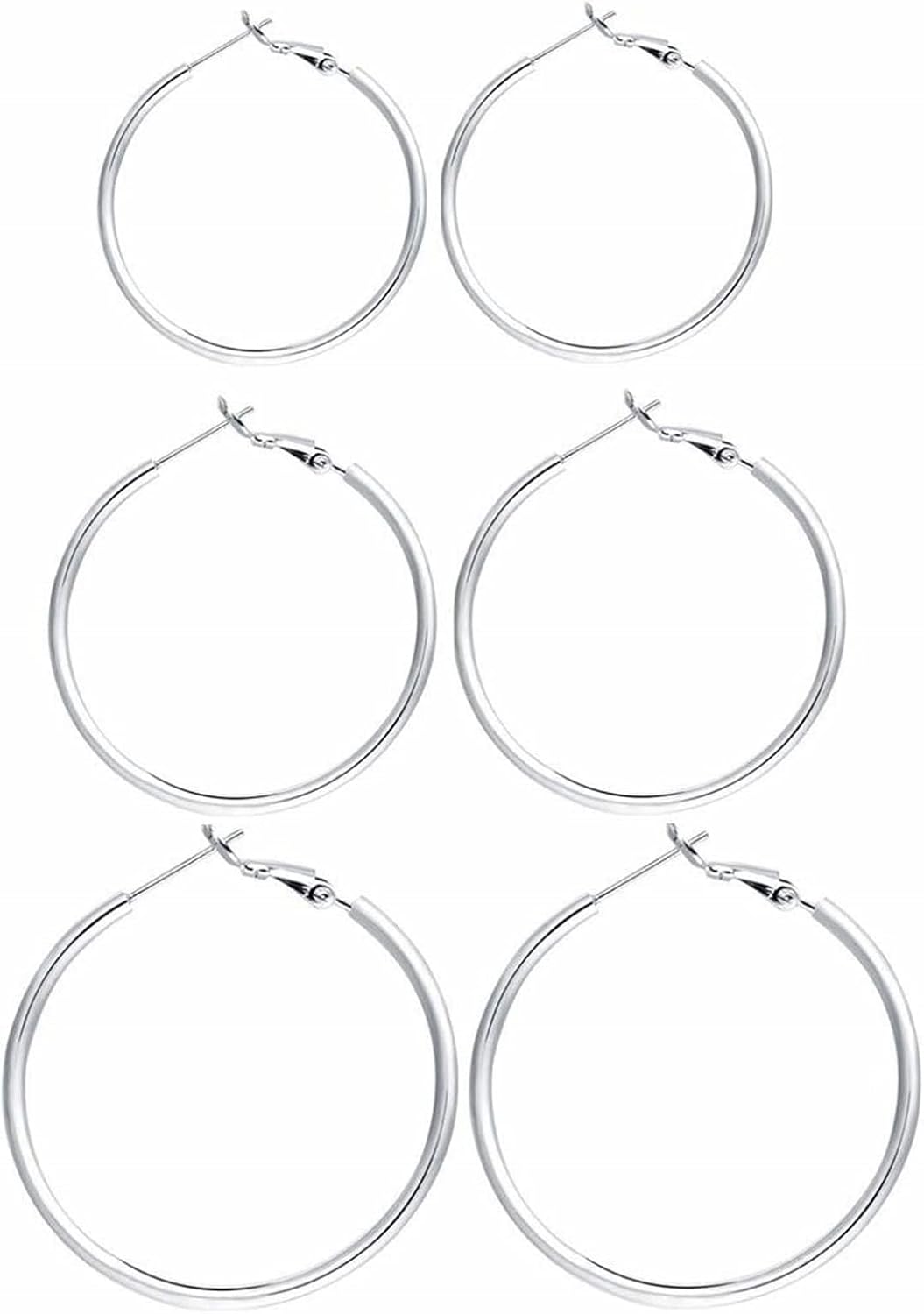 3 Pairs Sterling Silver Hoop Earrings, 14K White Gold Plated Big Hoop Earrings Set for Women 40 50 60MM
