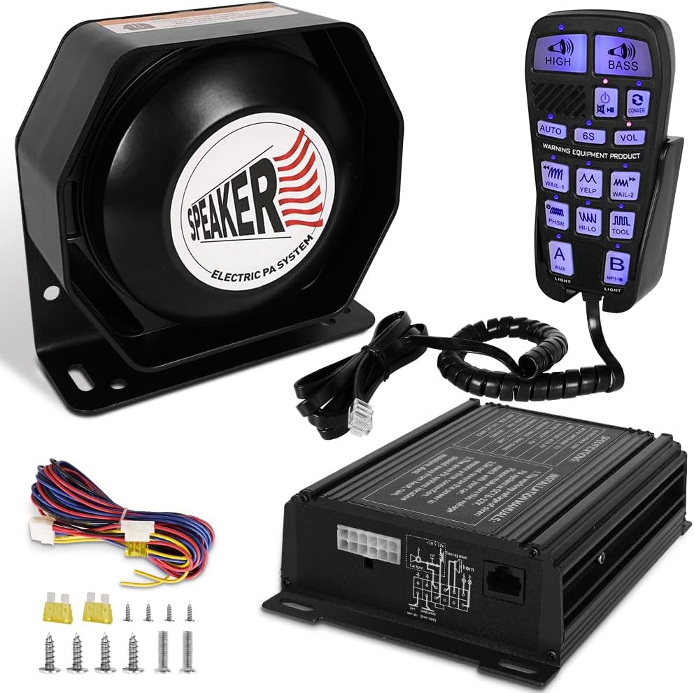 Emergency Police Siren 200W Multi-Tones PA System Slim Speaker Sirens with Handheld Controller & Mic Microphone Warning Electronic Alarm Horn Kit for Tow Truck Car Vehicles Pickup UTV ATV POV RV