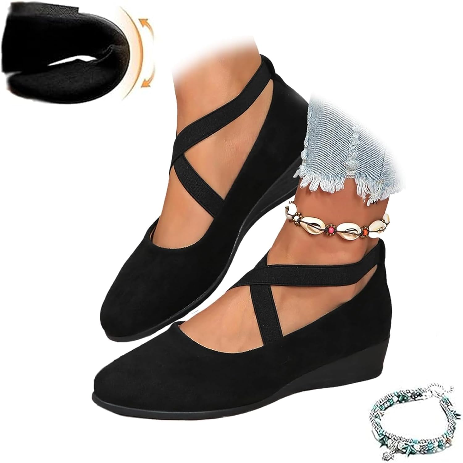 Women's Crisscross Strap Wedge Shoes,Womens Round Toe Ballet Wedge Dress Shoe Elegant Suede Comfy Slip-On Shoes