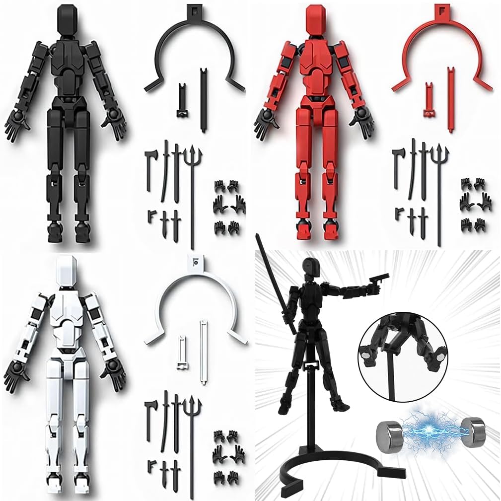Cartlant 3Pcs Magnetic T13 Action Figure, 3D Printed Multi Joints Movable T 13 Toy Figures Robot Characters Set with Stand, Titan 13 Dummy Stop Motion Man Game Toys with 7 Weapons and 3 Hands