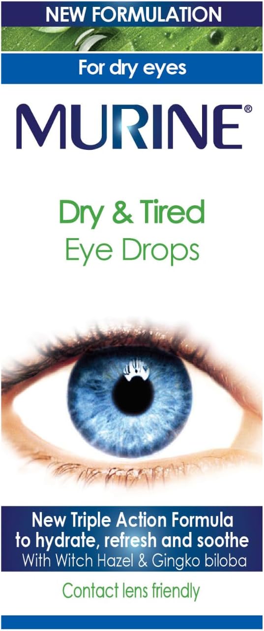 Murine Dry & Tired Eye Relief Eye Drops with a Triple Action Formula That Hydrate, Refresh and Relieve Dry or Tired Eyes, New Formulation,15ml