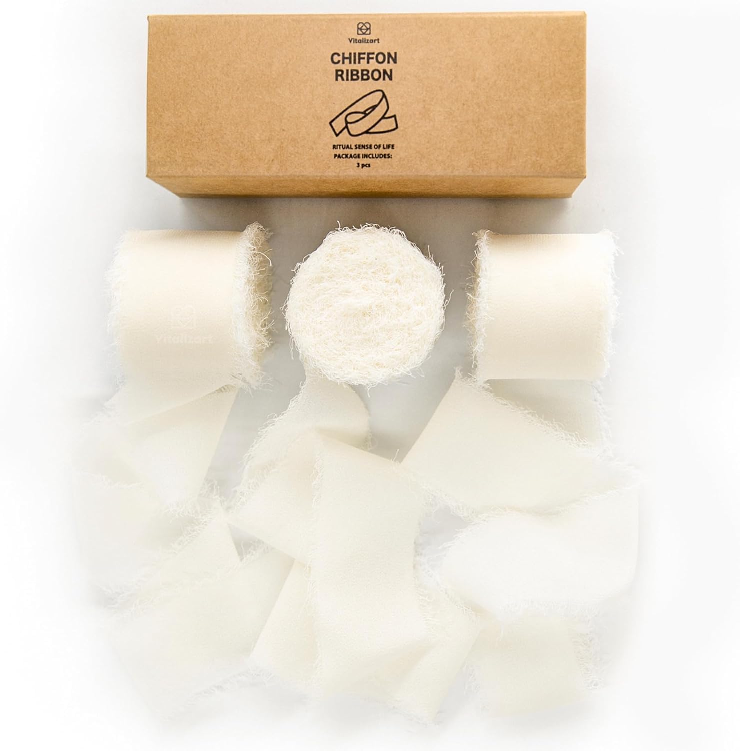 Vitalizart Cream White Handmade Chiffon Silk Ribbon Fringe 3 Rolls 1.5" x 21 Yd Ivory Frayed Edges Ribbons for Wedding Invitations Bridal Bouquets Gifts Wrapping Crafts Holiday Decor