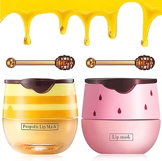 2Pcs Bee Lip Balm Honey Pot, Honey & Strawberry Lip Balm Moisturizing Lip Sleep Mask with Stick Hydrating & Prevention Dry and Cracked Lip Scrubs Exfoliator, Reduces Lip Lines