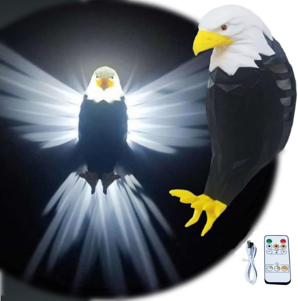 Tiuyii Bald Eagle Wall Light Lamp Scheduled LED Animal Night Light Magnetic Wall Bald Decor for Bedrooms, Stairway, Hallway, Bar - With USB Power Cord & Remote Control