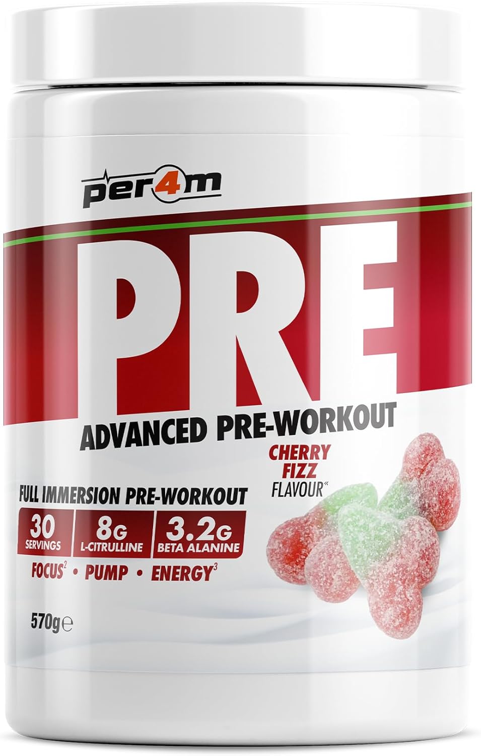 Per4m Pre Workout Powder | Intense Pump, Sustained Energy & Mental Focus | L-Citrulline, Beta Alanine & Caffeine & Added Hydration (570g, Cherry Fizz)
