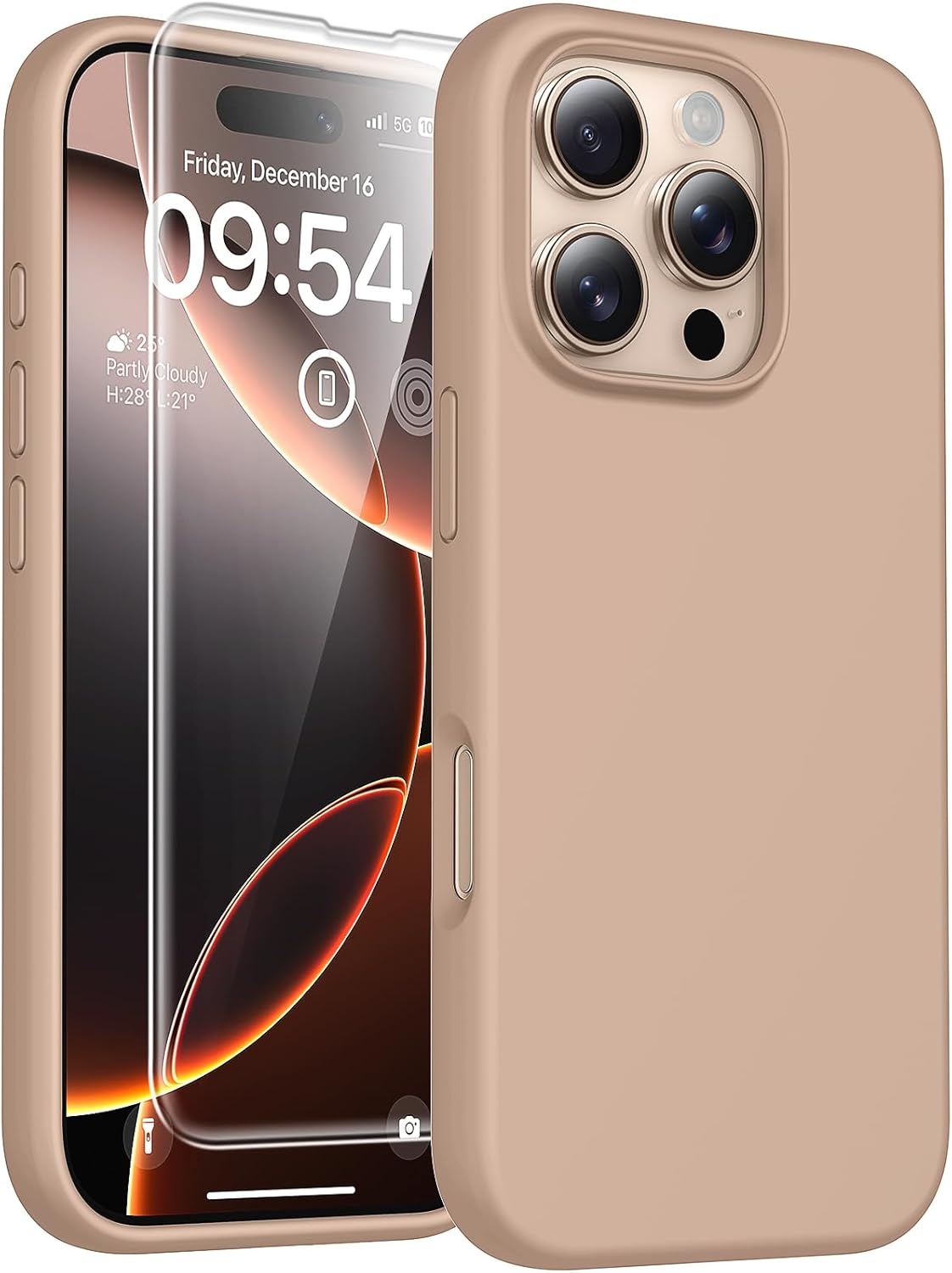 TOCOL 3 in 1 Silicone for iPhone 16 Pro Case 6.3-Inch, with 2 Pack HD Tempered Glass Screen Protector, Liquid Silicone Slim Silky-Soft Touch Multi-Color Anti-Scratch Shockproof Cover, Desert