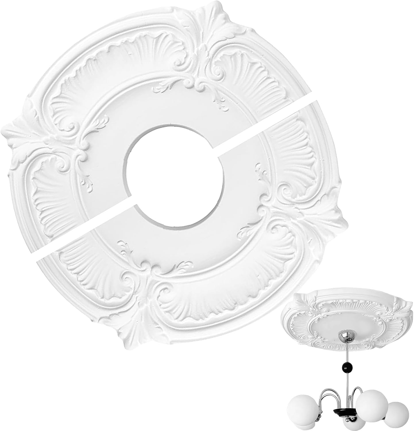Ceiling Rose, Lighting PU Ceiling Medallion Decorative Ceilings Cover Plate for Light Fixtures Fan Lampshade Round Decoration, 305mm OD X 87mm ID, Split/Monolithic, White