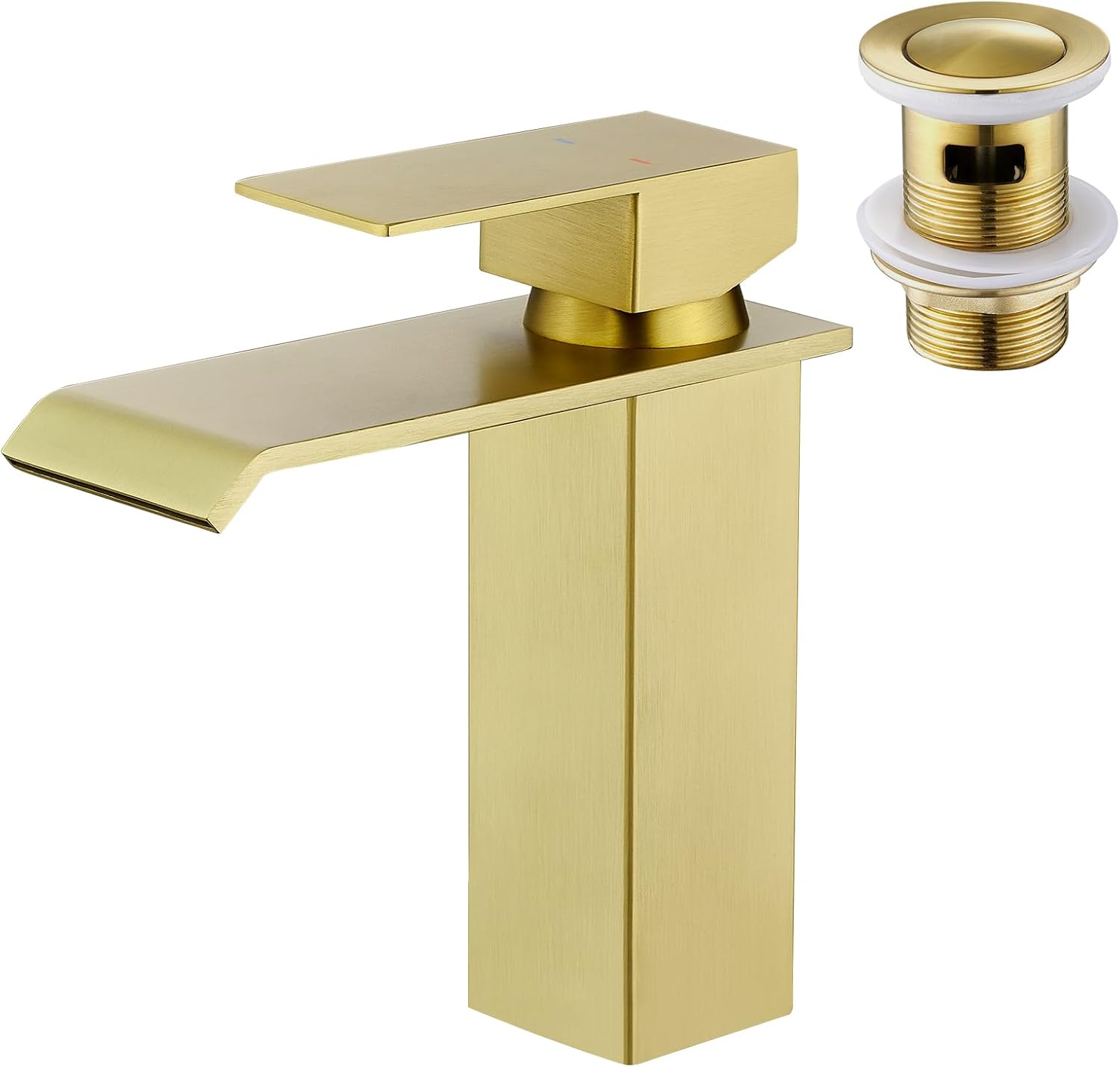 CREA Bathroom Tap Waterfall, Single Handle Bathroom Sink Mixer tap, One Hole Monobloc Basin Tap with Pop Up Drain, Brushed Gold