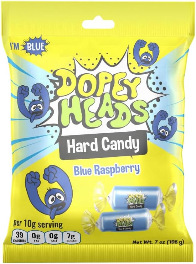 Dopey Heads | Hard Candy | HALAL | Blue Raspberry | Original Hard Candy | Blue Raspberry Hard Candy | Pack of 1 | Weight 198g (7 oz) Each (Blue Raspberry Hard Candy)
