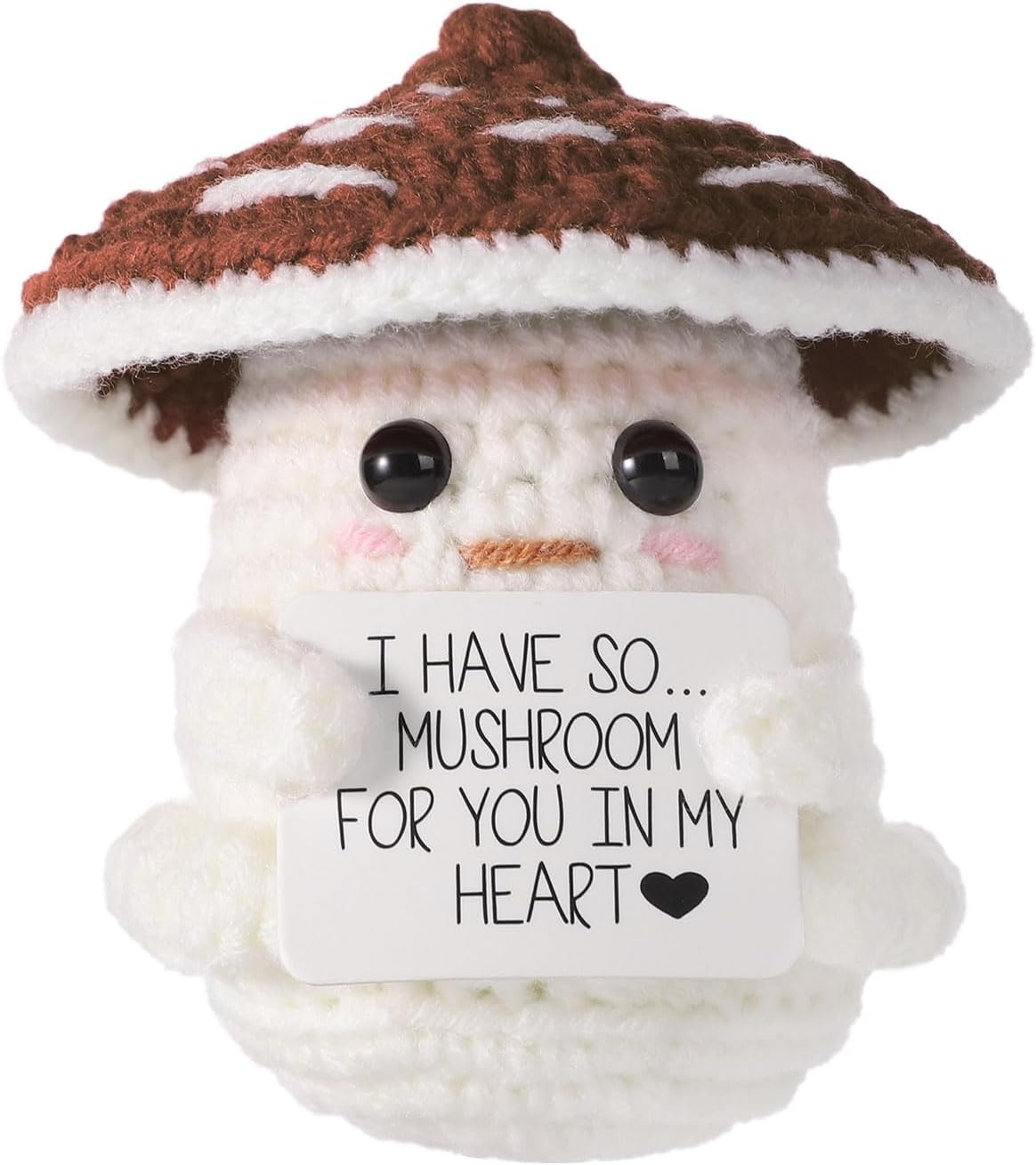 TOYMIS Positive Mushroom，Emotional Doll Support Encouraging Handmade Mushrooms Positive Food Crochet Age 3+ for Inspirational Plush Office Home Decor Graduation Gift(Brown & White)