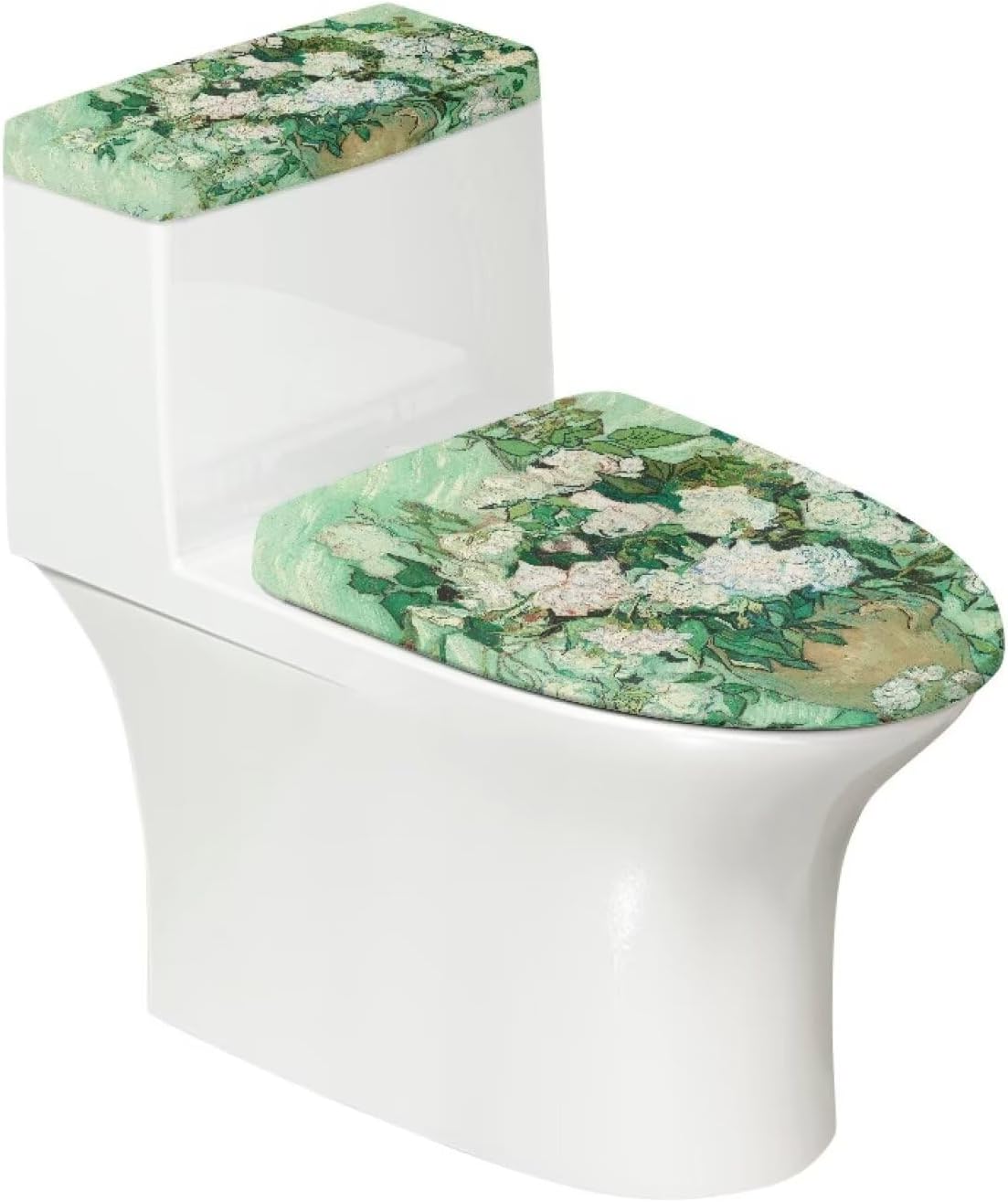 Van Gogh White Rose Toilet Lid Cover and Tank Lid Cover Machine Wash Bathroom Super Soft Toilet Lid Cover Set Seat Covers Fits Most Lids for Accessories Decor