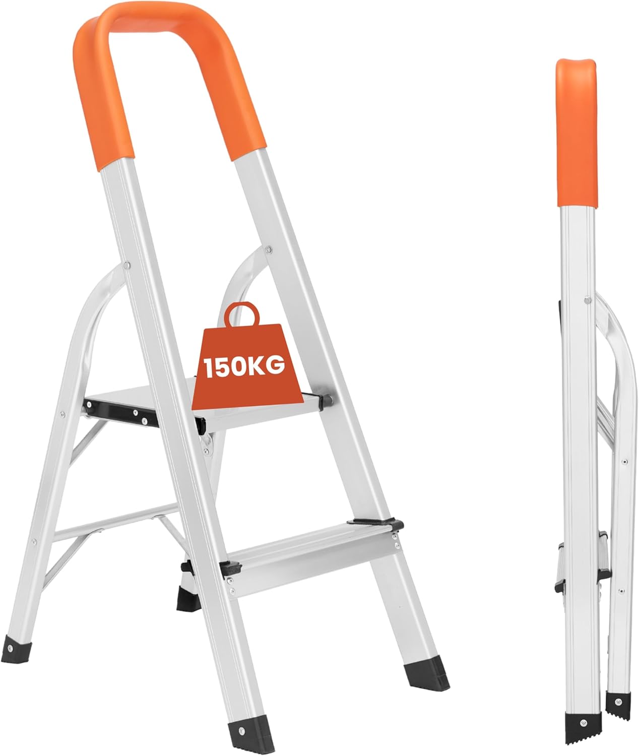Lightweight Small Step Ladder 2 step 34.65'' (88cm) High - Portable Aluminium Foldable Ladders with Safety Handrail Compact Functional Design for Home, Office & DIY Projects 150kg/330lbs Capacity