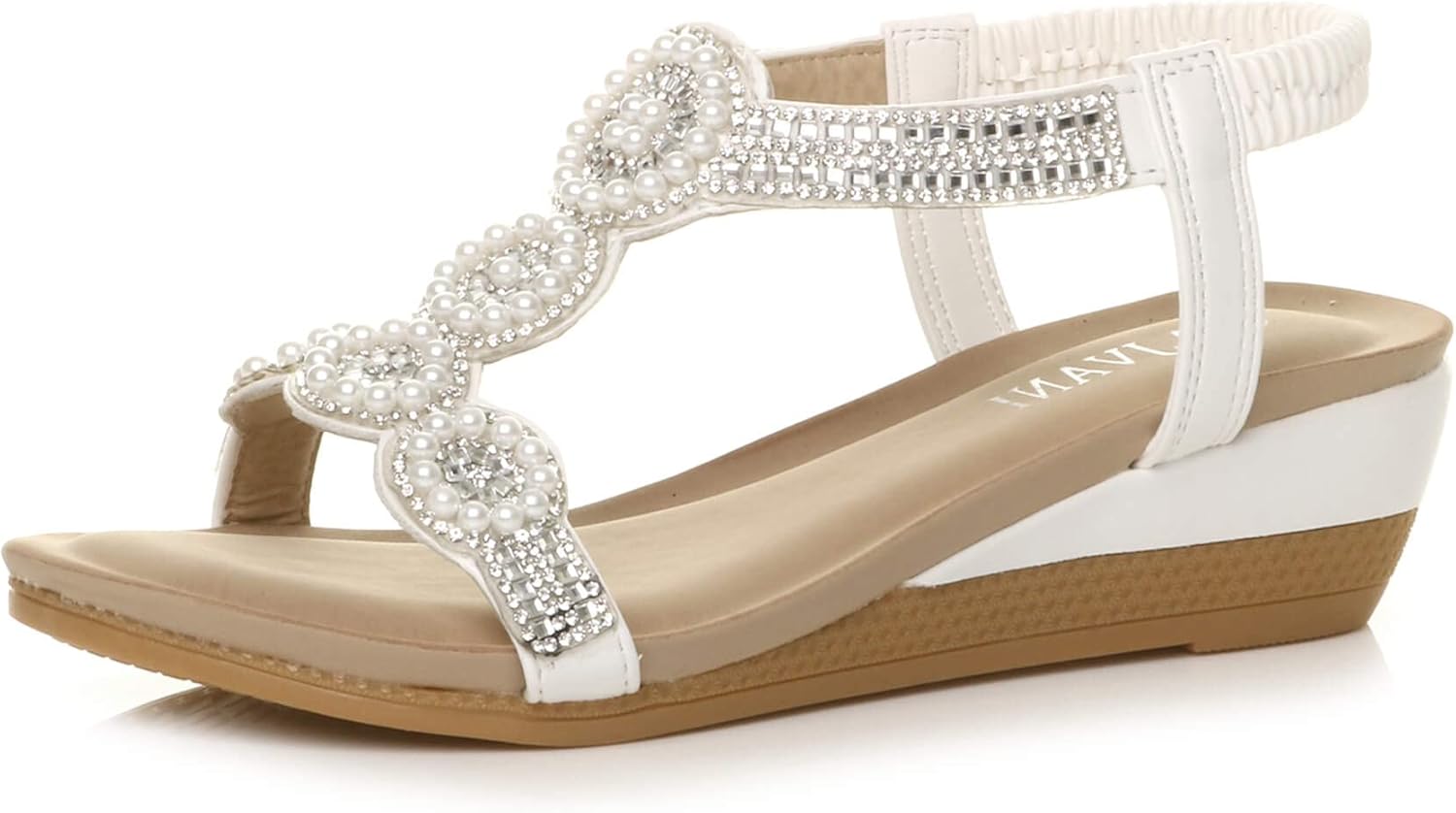 AJVANI Womens ladies mid wedge heel diamante t-bar beads elastic slingback sandals size