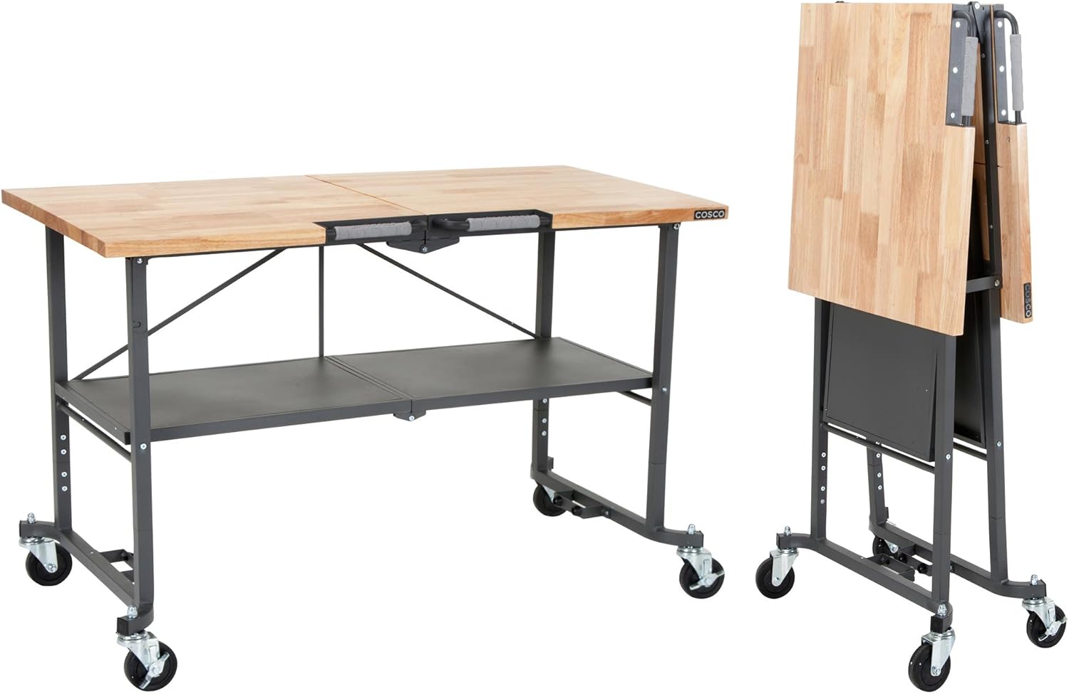 COSCO SmartFold Butcher Block Portable Workbench / Folding Utility Table (Hardwood Top, 700LB Total Weight Capacity, Locking Casters, Gray Steel Frame, 1 Pack)