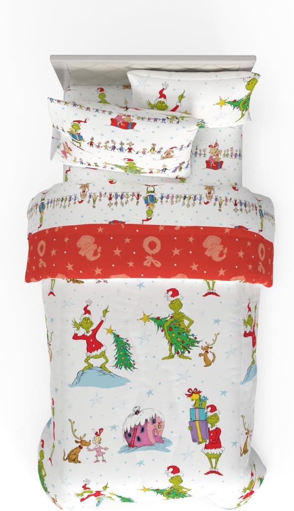 Franco Grinch by Dr. Seuss Holiday & Christmas Bedding Soft Comforter and Sheet Set with Sham, 5 Piece Twin Size, (Official Dr. Seuss Product)