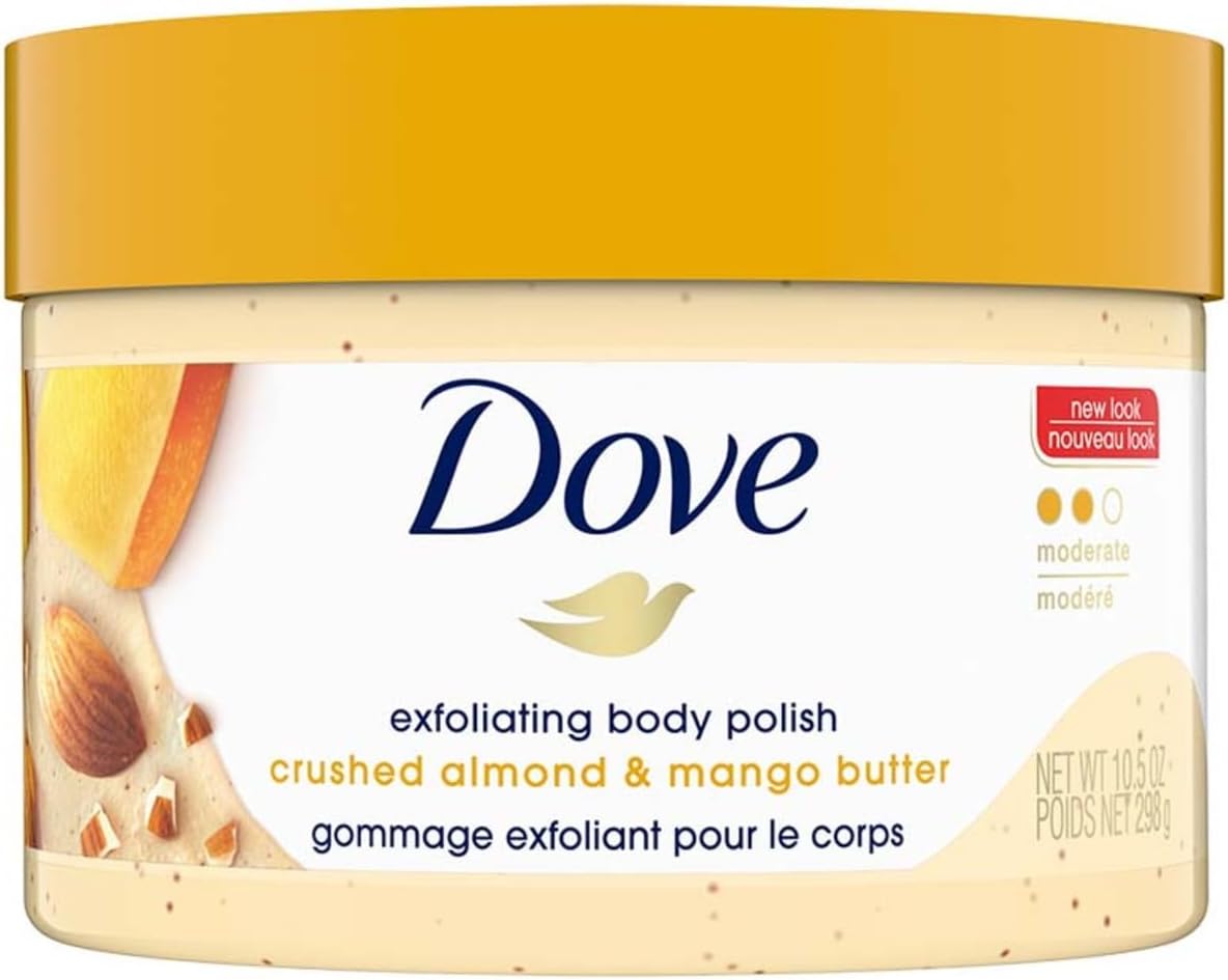 Dove Exfoliating Body Polish Scrub For Dry Skin With Crushed Almond & Mango Butter, Gently Exfoliates & Moisturizes To Reveal Instantly Soft, Smooth & Healthy Skin, Fruity Scent, 298g